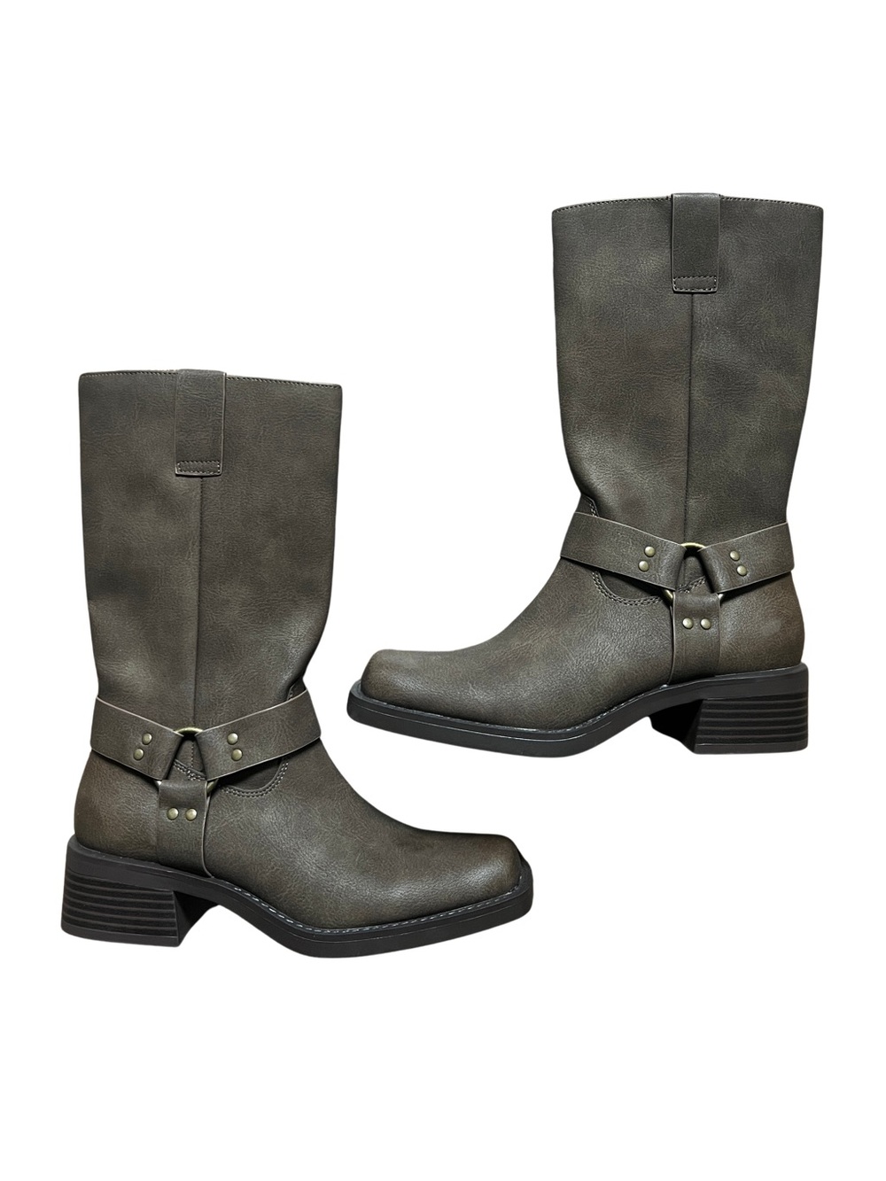 Brown Square Toe Mid-Calf Harness Biker Boots